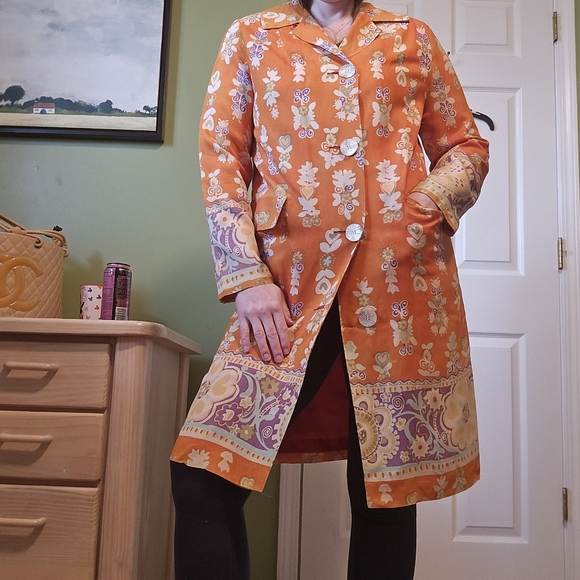 Vintage Jackets & Blazers - Vintage Silk Orange Purple Floral Coat Jacket